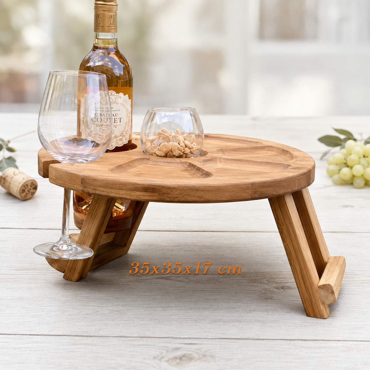 Weinbar aus Eiche – klappbarer Picknicktisch mit Flaschenhalter & 2 Glashaltern, Geschenk für Paare