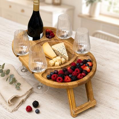 Weinabend auf 50 × 30 cm – Weintisch für 4 Gläser aus Eiche, Picknicktisch mit Flaschenhalter