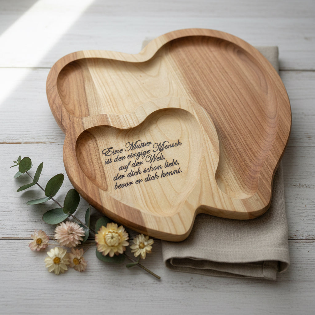 Herz Servierteller aus Kirschbaumholz – personalisiert mit Wunschgravur – Geschenk für Hochzeit, Muttertag & Jahrestag