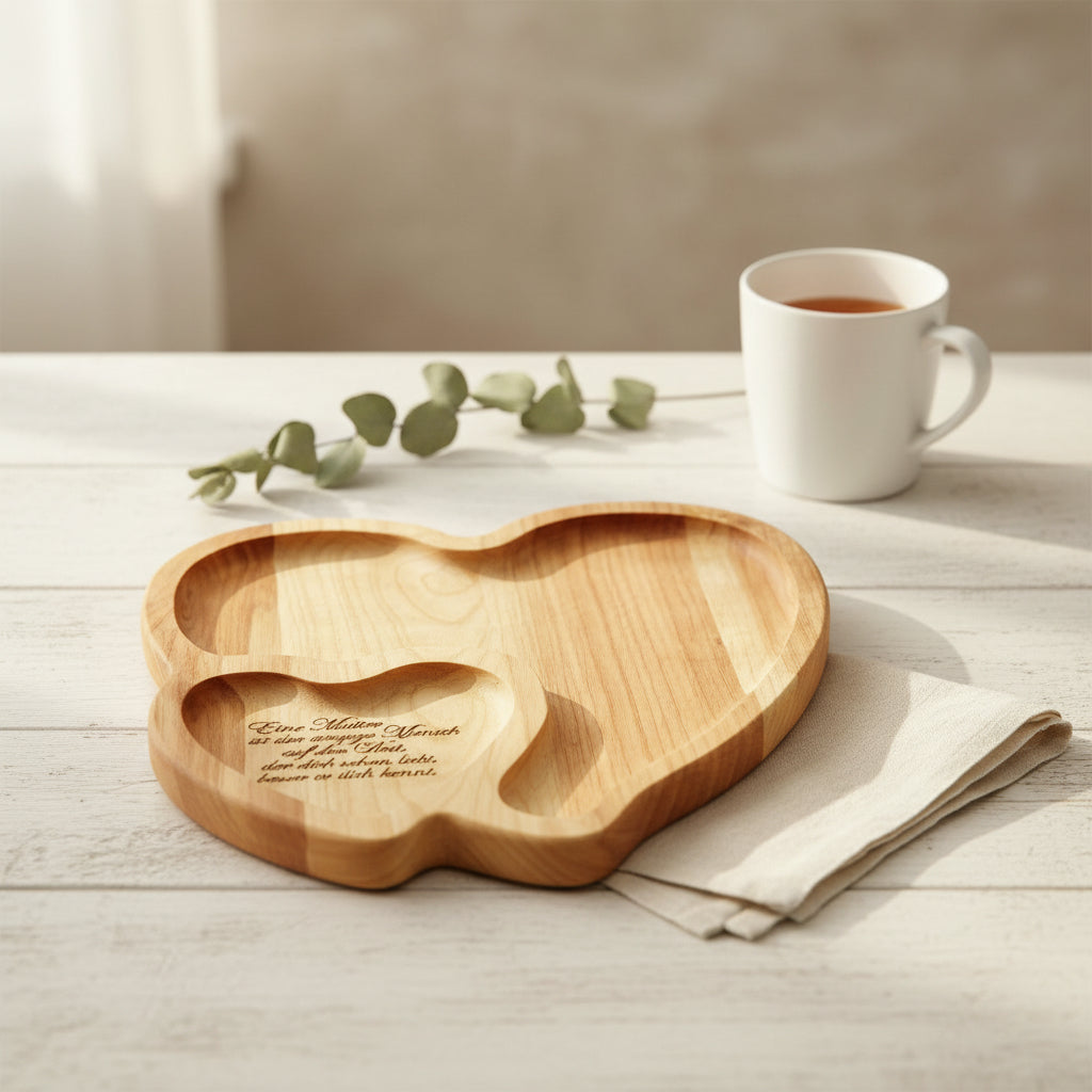 Herz Servierteller aus Kirschbaumholz – personalisiert mit Wunschgravur – Geschenk für Hochzeit, Muttertag & Jahrestag