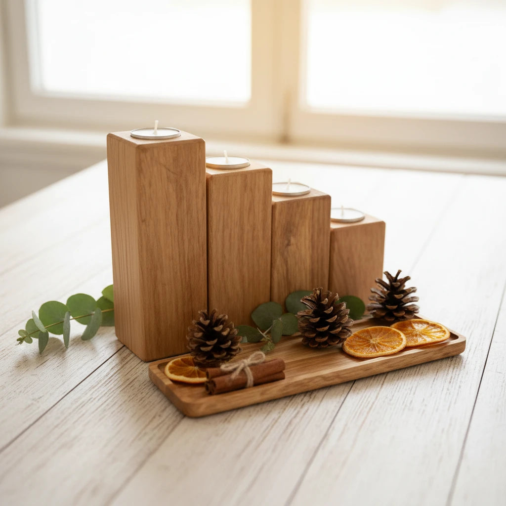 Kerzenhalter-Set aus massiver Eiche – 4 Teelichthalter mit Unterbrett | moderne Holzdeko & Adventsdeko