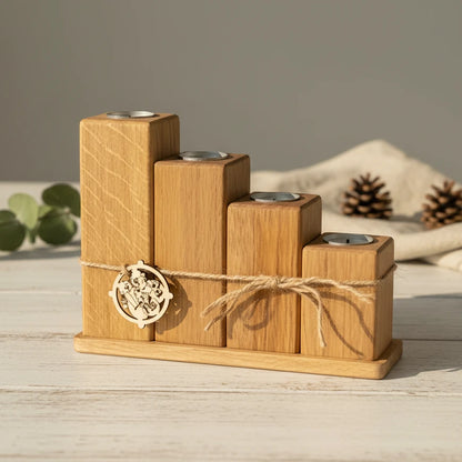 Kerzenhalter-Set aus massiver Eiche – 4 Teelichthalter mit Unterbrett | moderne Holzdeko & Adventsdeko