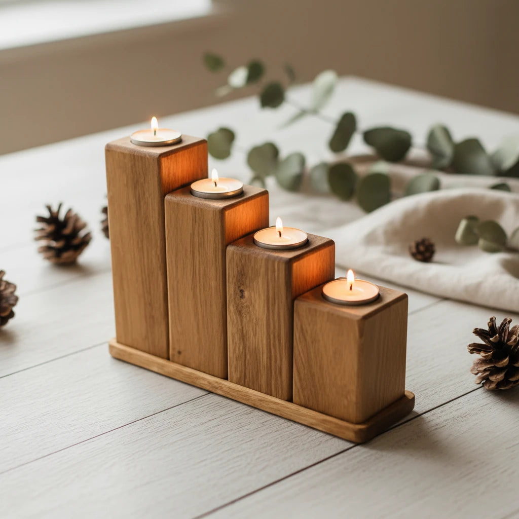 Kerzenhalter-Set aus massiver Eiche – 4 Teelichthalter mit Unterbrett | moderne Holzdeko & Adventsdeko