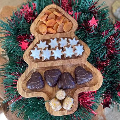 Holzteller, Tannenbaum-Servierplatte aus Eichenholz mit drei Fächern. Ideal für Plätzchen, Nüsse, Pralinen und Weihnachtssnacks.