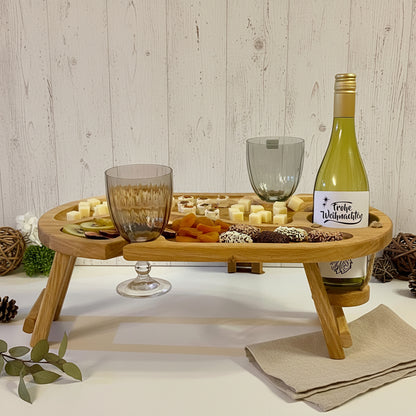 Picknicktisch aus Eichenholz, Weintisch mit 2 Glashaltern, Serviertablett mit Beinen 50 × 30 × 17 cm, Charcuterie-Brett, Couchbar klappbar