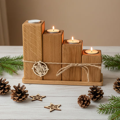 Kerzenhalter-Set aus massiver Eiche – 4 Teelichthalter mit Unterbrett | moderne Holzdeko & Adventsdeko