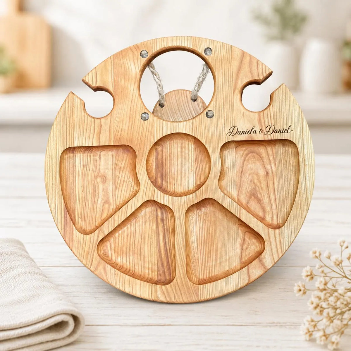 Klappbarer Weintisch aus Kirschbaumholz für eine Flasche und zwei Gläser, Picknicktisch, Couchbar, Campingtisch Wein, Strandtisch
